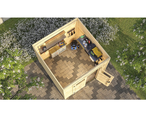 Abri de jardin en bois avec établi et outils de jardin vus d'en haut