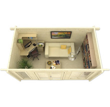 Vue intérieure d''un abri de jardin avec mobilier de bureau, canapé et bibliothèque