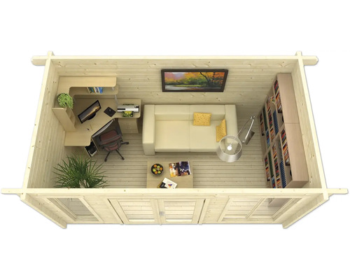 Vue intérieure d''une cabane de jardin avec mobilier de bureau, canapé et bibliothèque