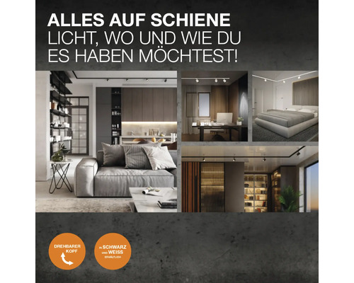 Szenen mit Schienensystemen für Wohnzimmer, Küche, Büro und Schlafzimmer