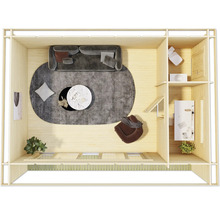 Vue de dessus d''un espace de vie avec canapé, tapis, tables et étagères