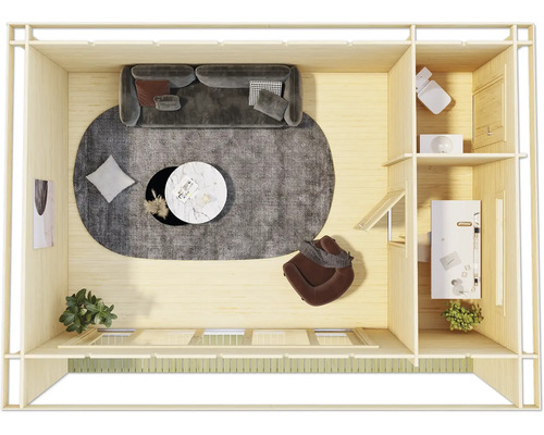 Vue de dessus d''un espace de vie avec canapé, tapis, tables et étagères