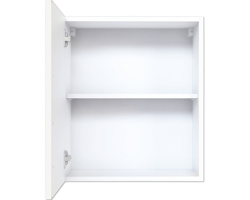 Armoire de salle de bains blanche ouverte avec une étagère