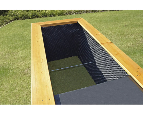 Jardinière surélevée avec cadre en bois, film alvéolaire et treillis de fond