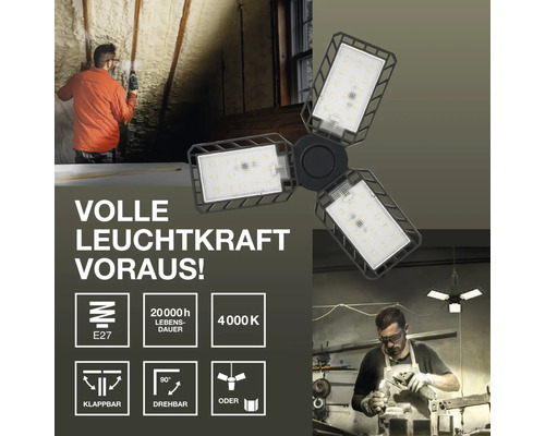 Triple lampe d''atelier à LED avec douille E27 et éléments d''éclairage pliables