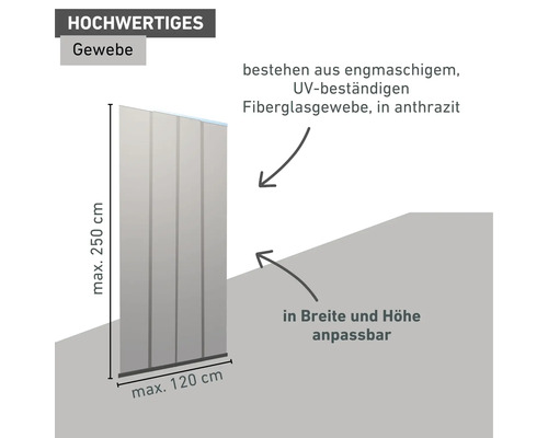 Hochwertiges Gewebe aus UV-beständigem Fiberglas in Anthrazit, in Breite und Höhe anpassbar, maximale Höhe 250 Zentimeter, maximale Breite 120 Zentimeter