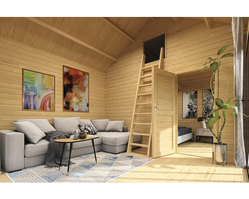 Vue intérieure d'une maison en bois avec coin salon, escalier et chambre