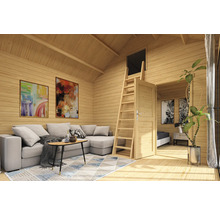 Intérieur clair d'une maison en bois avec salon, échelle de mezzanine et œuvres d'art