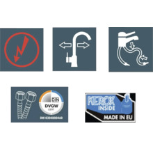 Symboles et labels de qualité pour un robinet : Avertissement de choc électrique, flexibilité, type de raccordement, certificat DIN DVGW, Kerox Inside Made in EU