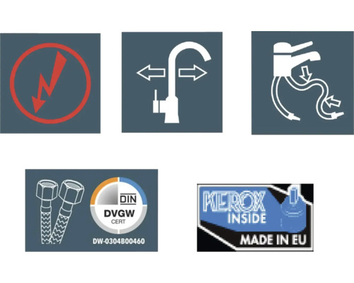 Symboles et labels de qualité pour un robinet : Avertissement de choc électrique, flexibilité, type de raccordement, certificat DIN DVGW, Kerox Inside Made in EU