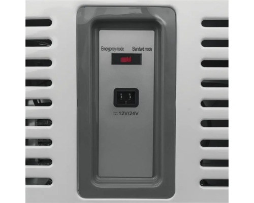 Vue détaillée d''un appareil avec interrupteur pour mode d''urgence et mode standard, ainsi qu''un raccordement de 12 volts ou 24 volts