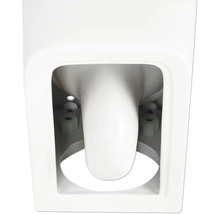 Vue détaillée d''une cuvette de WC blanche avec des éléments de fixation