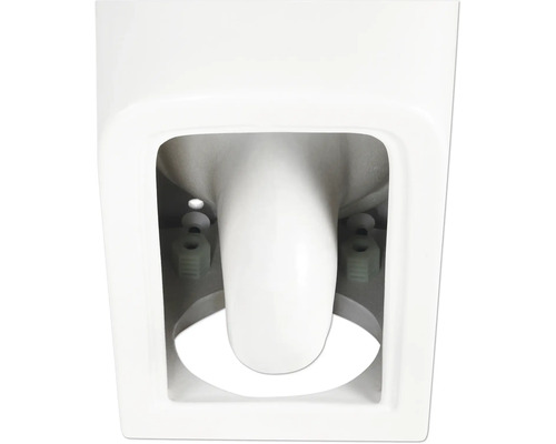 Vue détaillée d''une cuvette de WC blanche avec des éléments de fixation