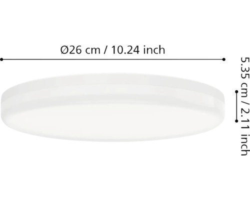 Dimensions d''un plafonnier rond de 26 cm de diamètre et 5,35 cm de hauteur.