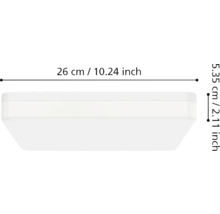 Abmessungen einer Deckenleuchte: 26 Zentimeter Breite, 5,35 Zentimeter Höhe.