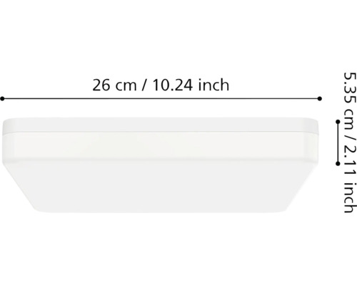 Abmessungen einer Deckenleuchte: 26 Zentimeter Breite, 5,35 Zentimeter Höhe.