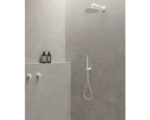 Salle de bains moderne avec douche à l''italienne, équipée d''une douche de tête, d''une douchette à main et de robinets