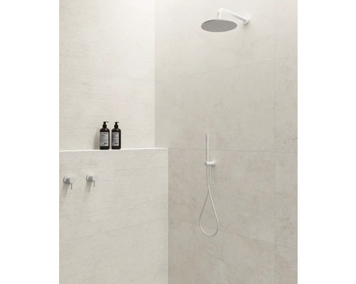 Begehbare Dusche mit Kopfbrause und Handbrause sowie Ablagefläche