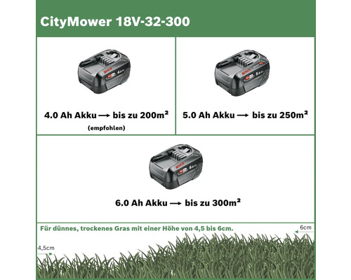 CityMower 18V-32-300 avec batterie de 4.0, 5.0 et 6.0 ampères-heures pour les pelouses jusqu'à 300 mètres carrés