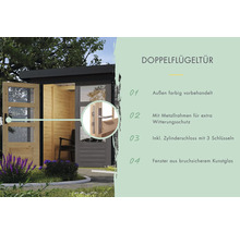 Doppelflügeltür mit Metallrahmen, Zylinderschloss und Kunstglasfenstern