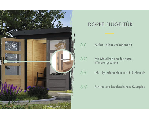 Doppelflügeltür mit Metallrahmen, Zylinderschloss und Kunstglasfenstern