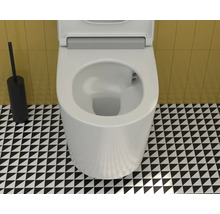 Toilettes avec brosse de toilette sur un sol à motifs noirs et blancs