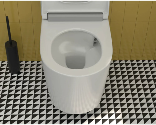 Toilettes avec brosse de toilette sur un sol à motifs noirs et blancs
