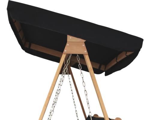 Vue détaillée d''une balançoire de jardin avec cadre en bois et pare-soleil noir.