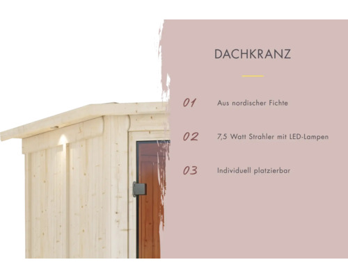 Dachkranz aus nordischer Fichte mit 7,5 Watt LED-Strahlern, individuell platzierbar