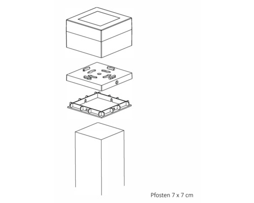 Explosionsdarstellung einer Pfostenabdeckung 7 mal 7 Zentimeter