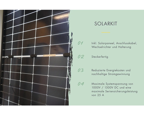 Solaranlage mit Solarmodul, Anschlusskabel, Wechselrichter und Halterung