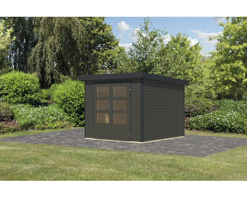 Modernes Gartenhaus mit Doppeltür und Flachdach im Garten