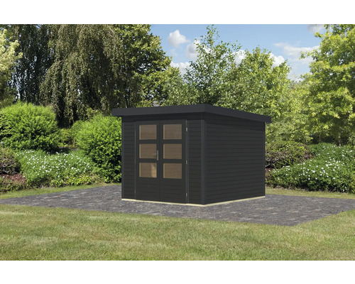 Schwarzes Gartenhaus mit Flachdach und Doppeltür mit Fenstern im Garten
