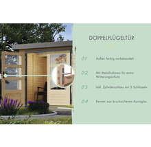 Gartenhaus Karibu Metalwood 3A Blech graualu inkl. Anbaudach 2,35 m 486,5 x 236,5 cm natur