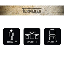 Tenneker Logo. Maximale Anzahl Personen: neun. Maximale Anzahl Tische: eins. Maximale Anzahl Stühle: fünf.