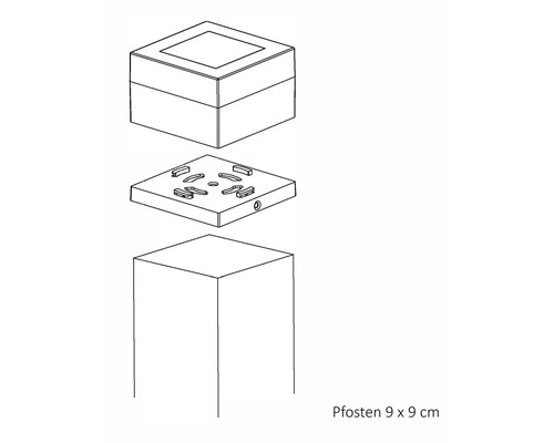 Explosionszeichnung eines Pfostens 9 x 9 Zentimeter mit Aufsatzleuchte