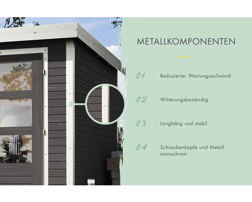 Nahaufnahme eines Gartenhauses mit Informationen zu Metallkomponenten: reduzierter Wartungsaufwand, witterungsbeständig, langlebig und stabil, monochrome Schraubenköpfe und Metallelemente.