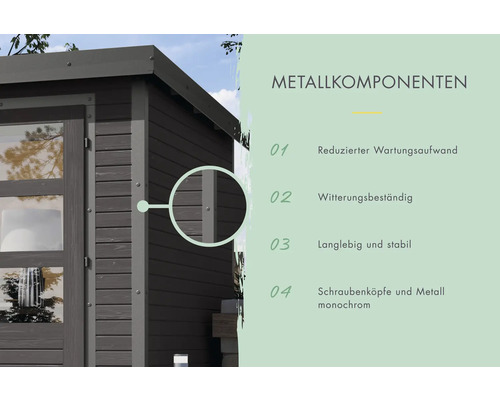 Detailansicht eines Gartenhauses mit Informationen zu Metallkomponenten: reduzierter Wartungsaufwand, Witterungsbeständigkeit, lange Lebensdauer und Stabilität, Schraubenköpfe und Metall monochrom