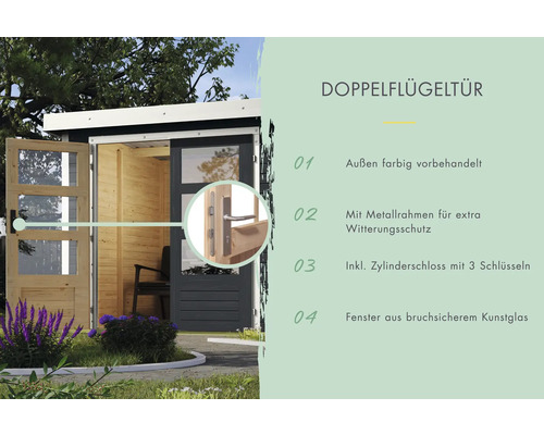 Doppelflügeltür mit Metallrahmen, Zylinderschloss und Fenstern aus Kunstglas