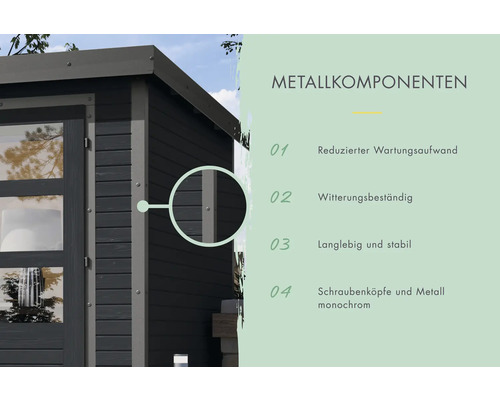 Detailansicht eines Gerätehauses mit hervorgehobenen Metallkomponenten und zugehörigen Vorteilen