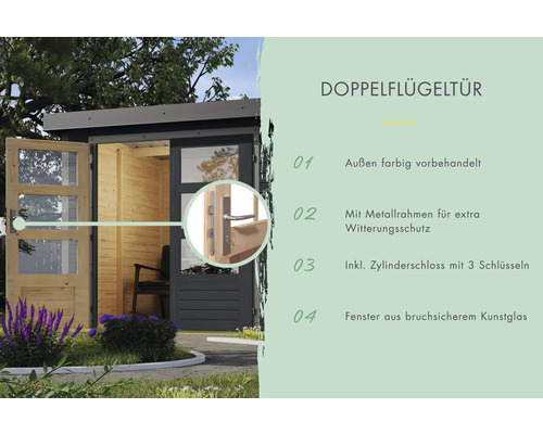 Doppelflügeltür mit Metallrahmen, Zylinderschloss und Kunstglasfenstern für Gartenhaus