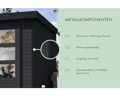 Detailansicht eines Gartenhauses mit Informationen zu Metallkomponenten, reduziertem Wartungsaufwand, Witterungsbeständigkeit, langer Lebensdauer und monochromen Schraubenköpfen