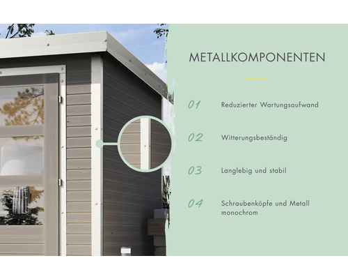 Informationen zu den Metallkomponenten eines Gartenhauses: geringerer Wartungsaufwand, witterungsbeständig, langlebig, stabil, Schraubenköpfe und Metall monochrom