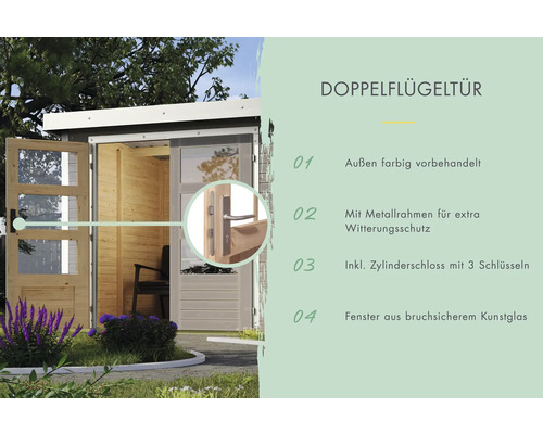Doppelflügeltür mit Metallrahmen und Zylinderschloss für Gartenhaus