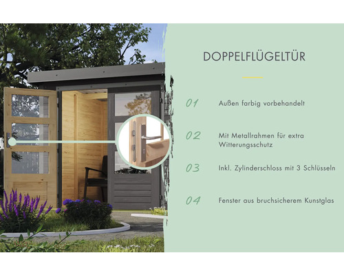 Doppelflügeltür mit Metallrahmen und Zylinderschloss für Gartenhaus