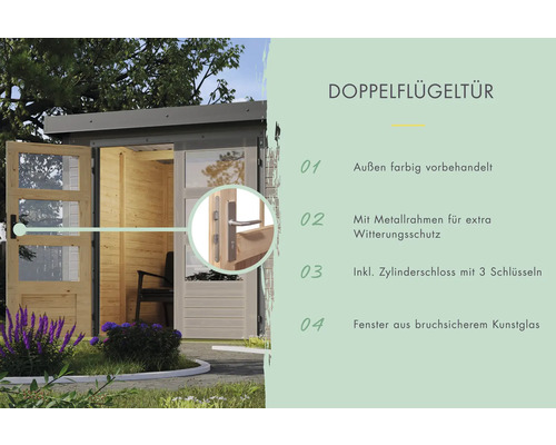 Doppeltür mit Metallrahmen und Zylinderschloss für Gartenhaus