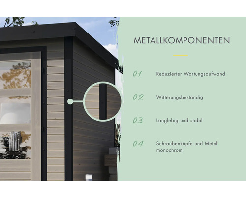 Detailansicht Metallkomponenten Gartenhaus: reduziert Wartungsaufwand, witterungsbeständig, langlebig, stabil, Schraubenköpfe und Metall monochrom