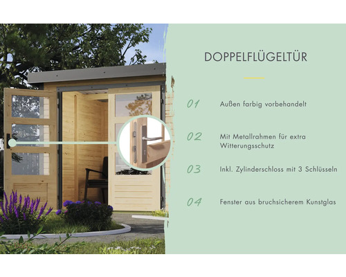 Doppelflügeltür mit Metallrahmen, Zylinderschloss und bruchsicherem Kunstglas für Gartenhaus