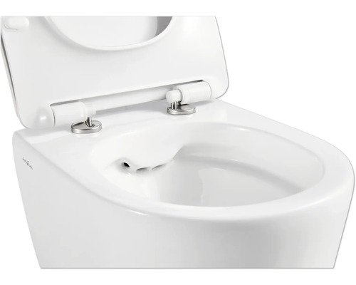 Weisses wandhängendes Bidet mit geöffnetem Deckel.