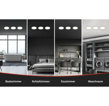 Exemples d''utilisation de spots encastrés au plafond dans une salle de bains, une chambre, une salle à manger et une buanderie.
